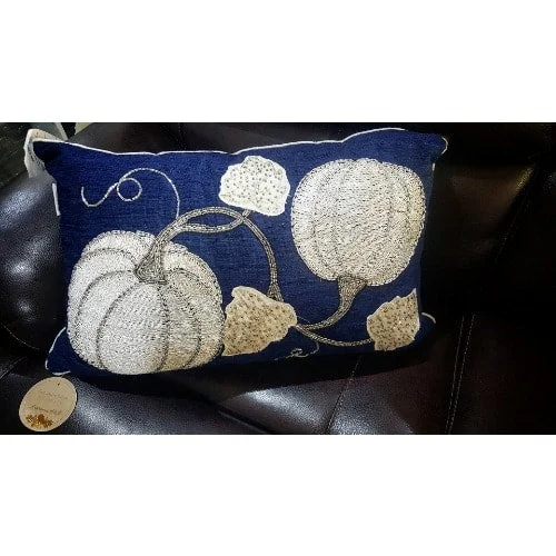 Autumn Hill Blue Silver Beaded Pumpkin Throw Pillow