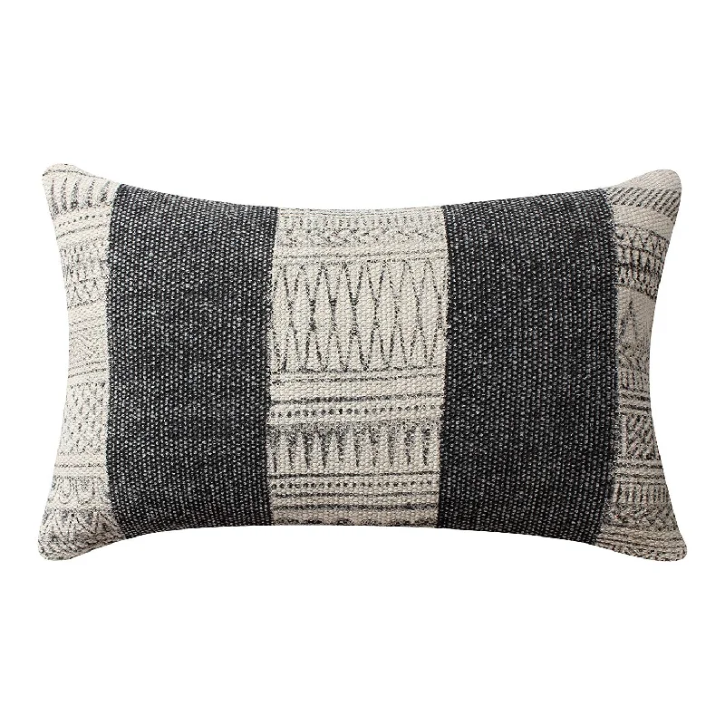 Benzara 12 x 20 Hand Woven Cotton Dhurri Pillow with Kilim Pattern, Gray and White