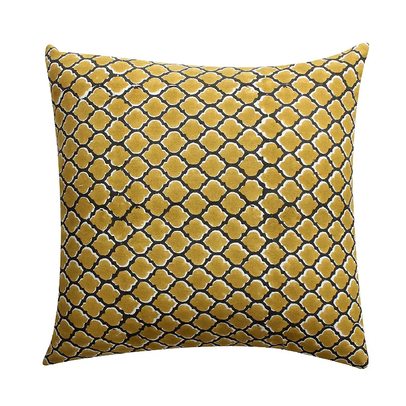 Benzara 18 x 18 Hand Block Cotton Pillow with Quatrefoil Details, Set of 2, Yellow and Black