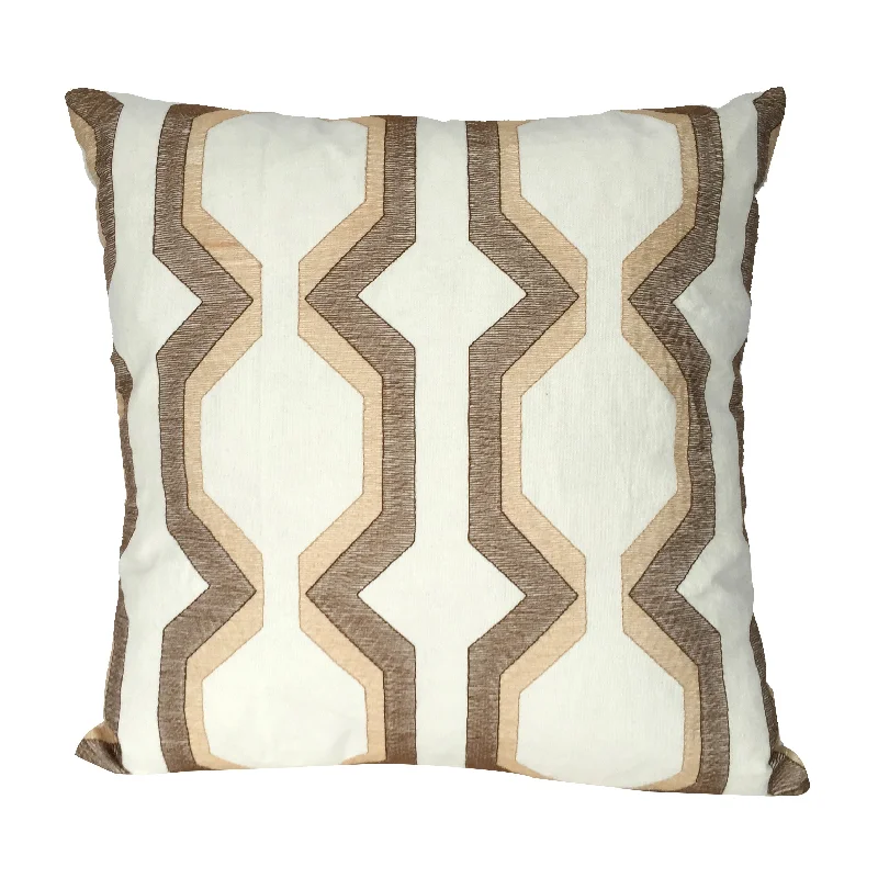 Benzara Contemporary Cotton Pillow with Geometric Embroidery, Brown and White