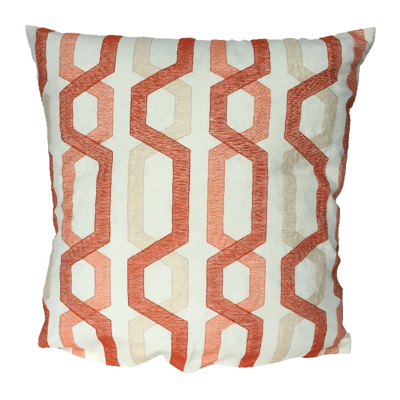 Benzara Contemporary Cotton Pillow with Geometric Embroidery, Red and Cream