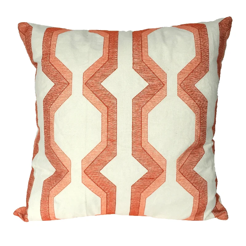 Benzara Contemporary Cotton Pillow with Geometric Embroidery, Red and White