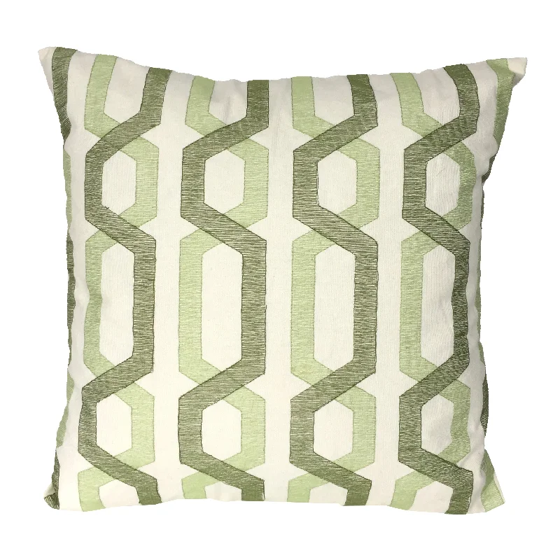 Benzara Contemporary Cotton Pillow with Geometric Embroidery, White and Green