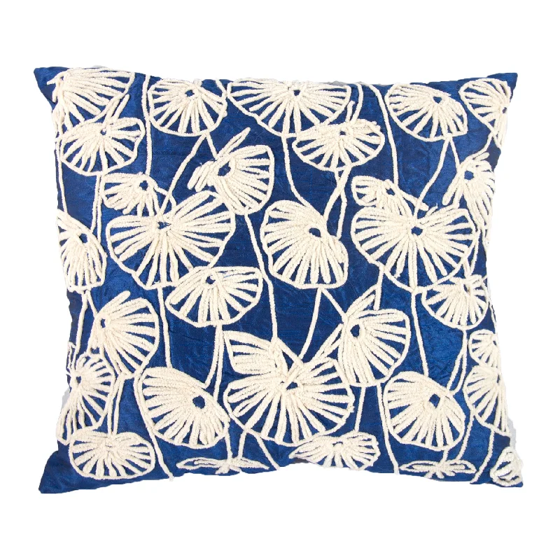 Benzara Contemporary Poly Dupioni Pillow with Embroidery, Blue and White