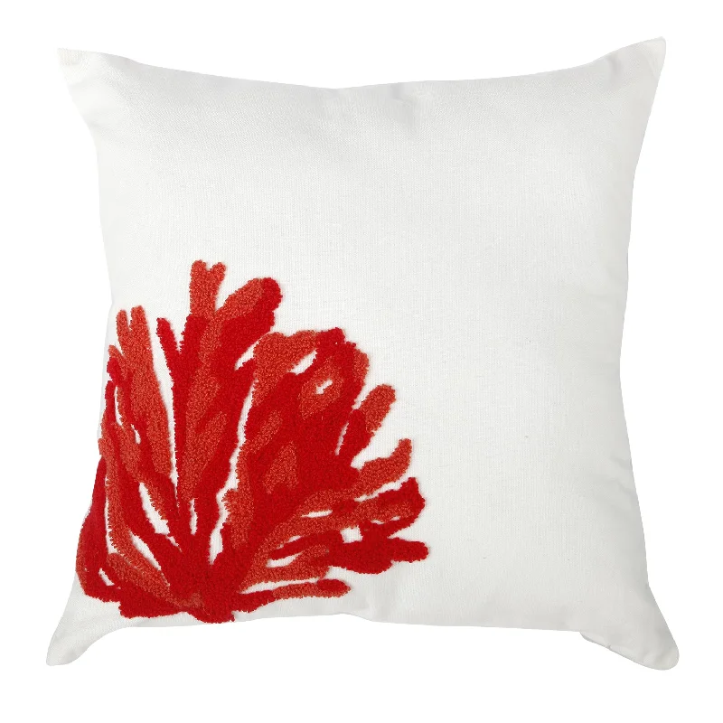 Benzara Contemporary Style Pillow with Coral Embroidery, Red and White.