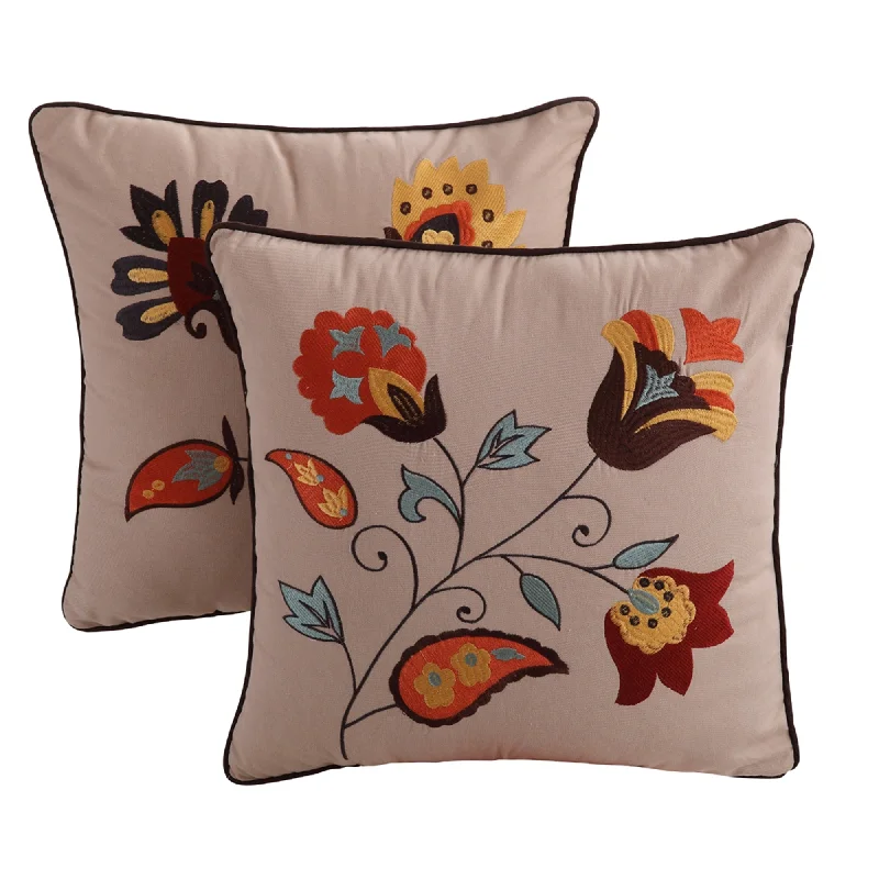 Benzara Elbe Embellished Floral Embroidery decorative Pillow, Set of 2, Brown and Orange