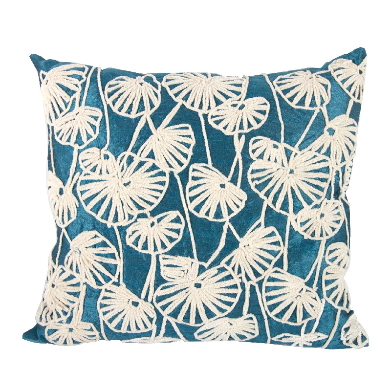 Benzara Nature Inspired Poly Dupioni Pillow with Embroidery, Blue and White