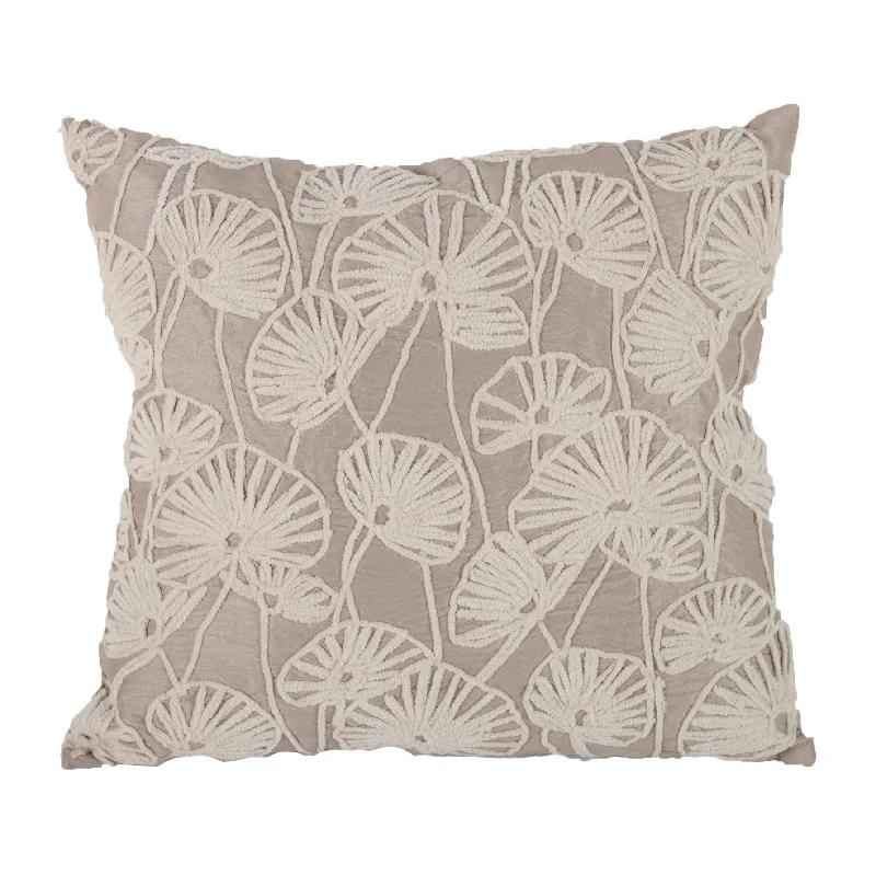 Benzara Nature Inspired Poly Dupioni Pillow with Embroidery, Gray and White