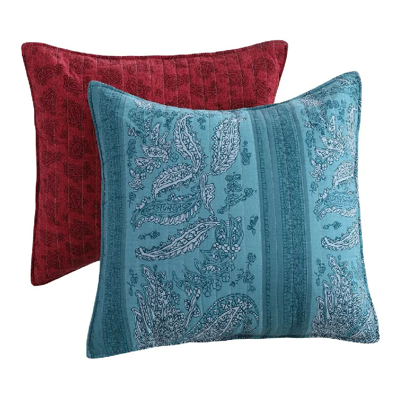 Benzara Stikine  2 Piece Cotton Pillow with Paisley and Floral Print, Red and Blue