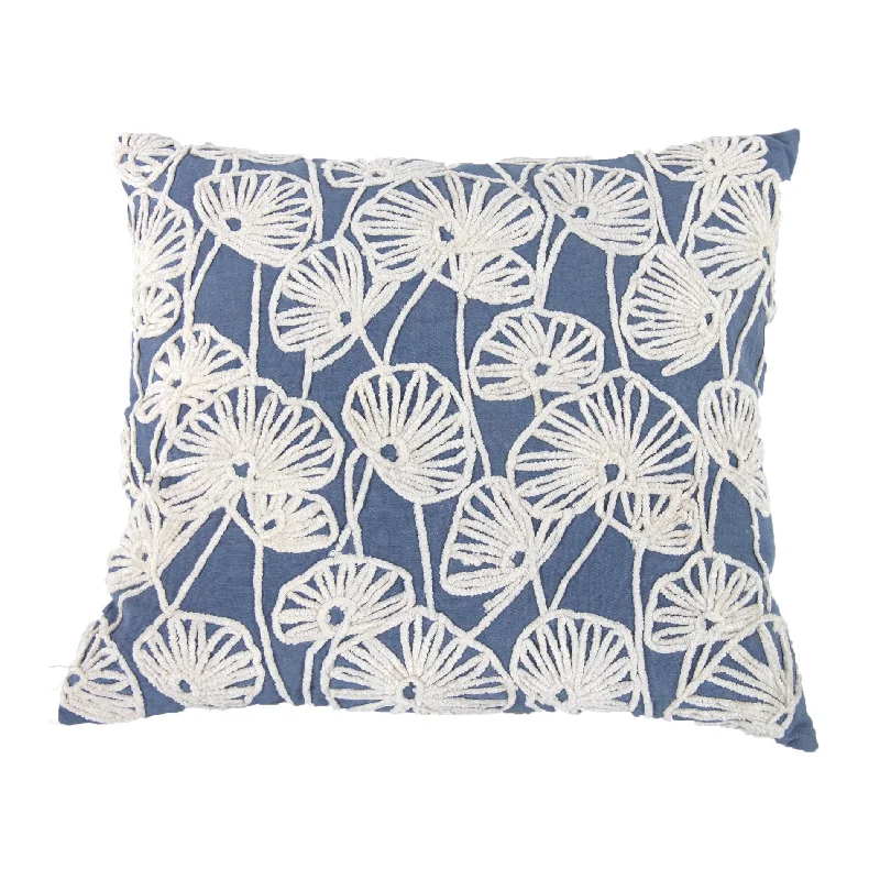 Benzara Transitional Cotton Pillow with Floral Embroidery, Blue and White