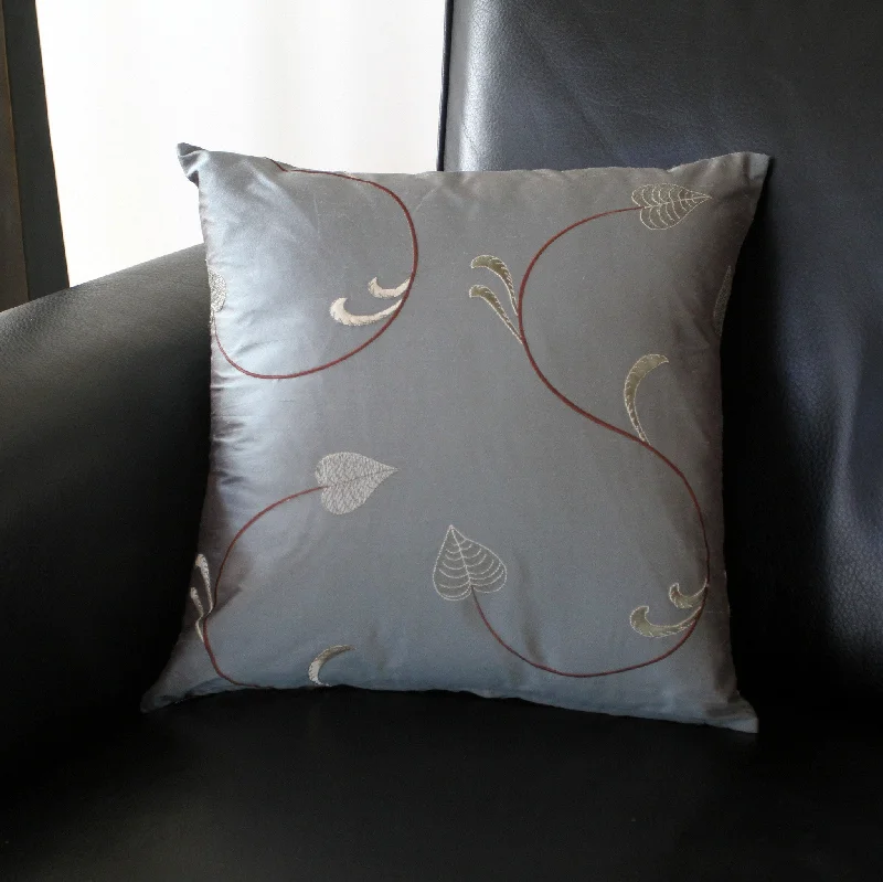 Grey Leaf Silk Pillow Cover