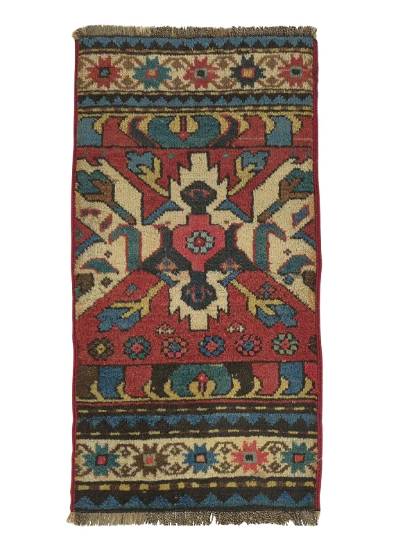 Caucasian Rug Kazak Handmade Area Antique Tribal 1'3"x1'5" (1x1) Red Geometric Partition Design #35491