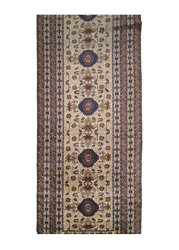 Oriental Rug Afghan Handmade Runner Tribal 3'1"x12'5" (3x12) Whites/Beige Blue Geometric Design #A10395