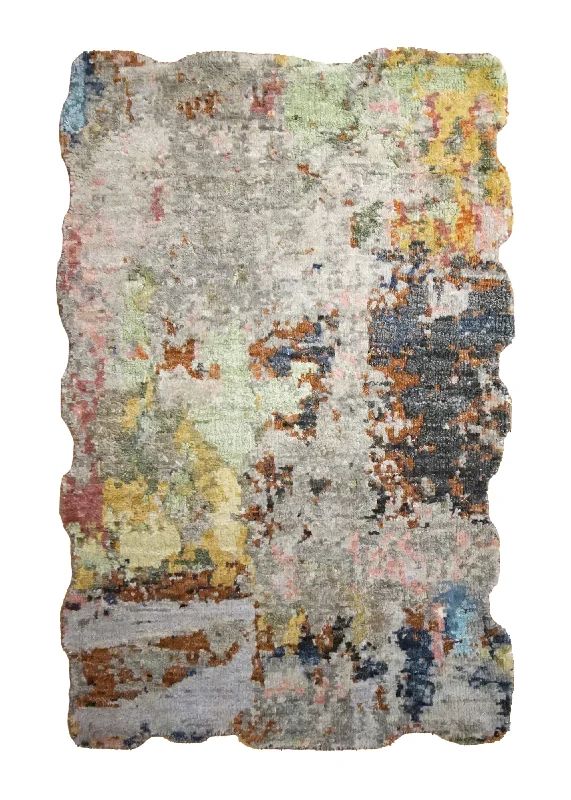 Oriental Rug Indian Handmade Area Modern 2'0"x3'0" (2x3) Multi-color Abstract Splatter Wavy Edge Design #A35071