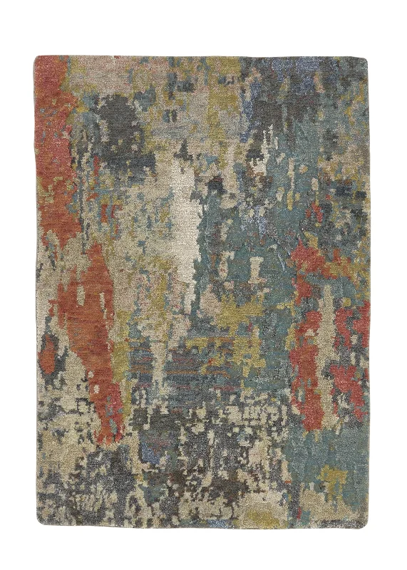 Oriental Rug Indian Handmade Area Sample Modern 2'0"x3'0" (2x3) Blue Red Abstract Splatter Design #35271