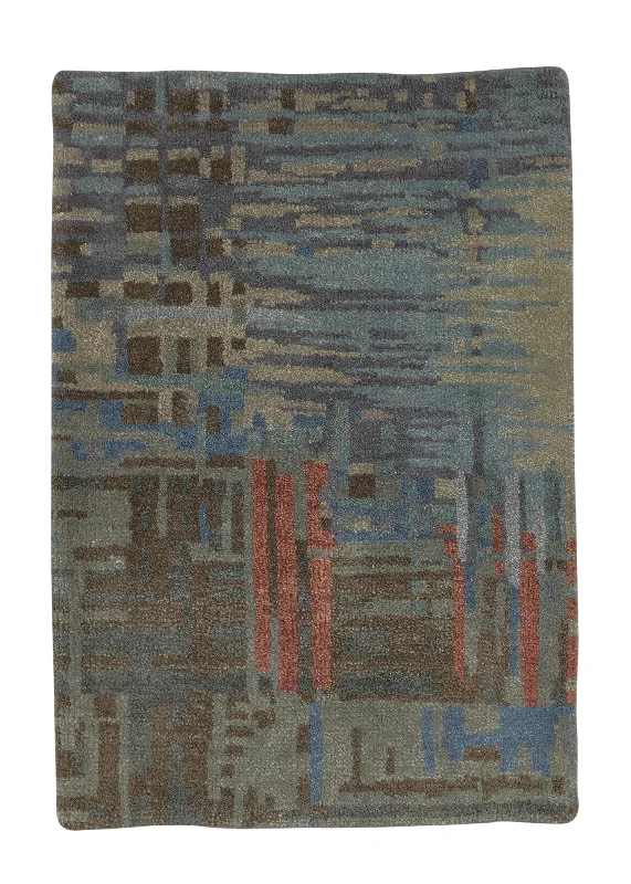 Oriental Rug Indian Handmade Area Sample Modern 2'0"x3'0" (2x3) Brown Blue Abstract Design #35223