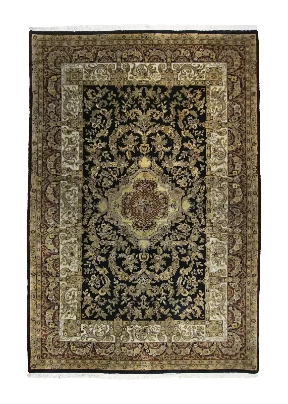 Oriental Rug Indian Handmade Area Traditional 5'11"x8'11" (6x9) Yellow/Gold Black Tea Washed Floral Jaipur Design #A35081