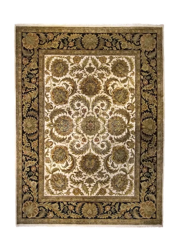 Oriental Rug Indian Handmade Area Traditional 8'11"x12'0" (9x12) Green Yellow/Gold Tea Washed Floral Jaipur Design #A35080