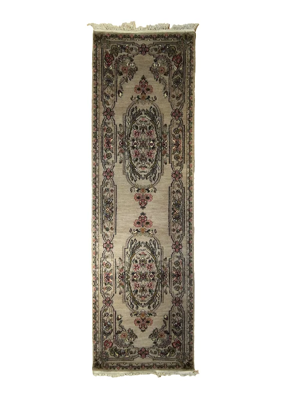 Oriental Rug Indian Handmade Runner Traditional 2'6"x8'1" (3x8) Whites/Beige Floral Design #A10381