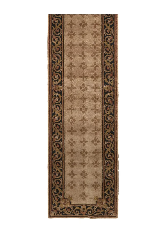 Oriental Rug Indian Handmade Runner Transitional 2'8"x9'10" (3x10) Whites/Beige Black Jaipur Geometric Design #21226