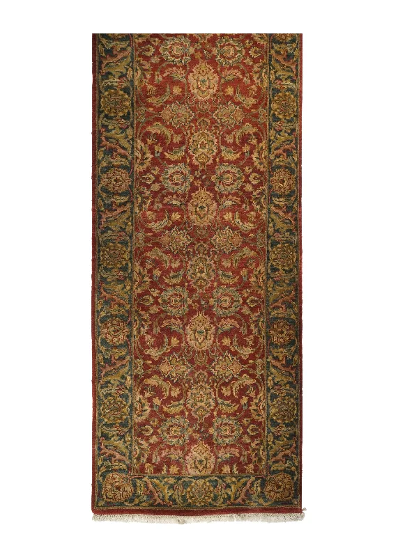 Oriental Rug Indian Handmade Runner Transitional 3'0"x11'11" (3x12) Red Green Tea Washed Floral Design #A10687