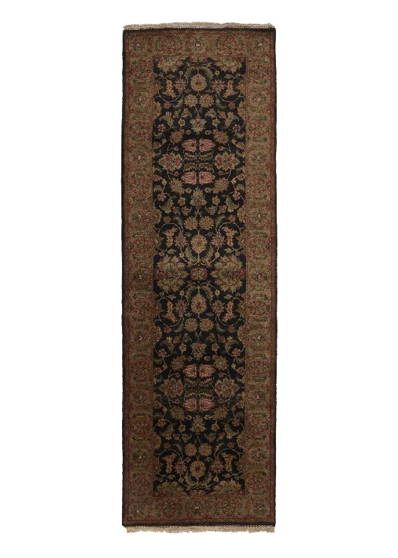 Oriental Rug Indian Handmade Runner Transitional 3'1"x8'9" (3x9) Black Whites/Beige Jaipur Floral Design #33558