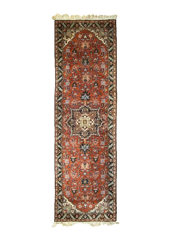 Oriental Rug Indian Handmade Runner Transitional Tribal 3'0"x10'0" (3x10) Red Heriz Geometric Design #A10225