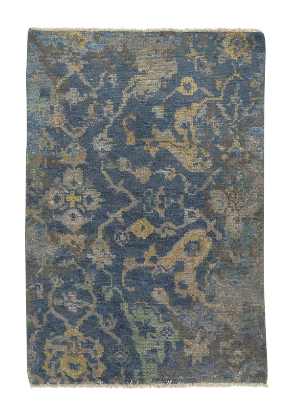 Oriental Rug Indian Handmade Area Sample Modern 2'0"x3'0" (2x3) Gray Blue Yellow/Gold Erased Design #35230