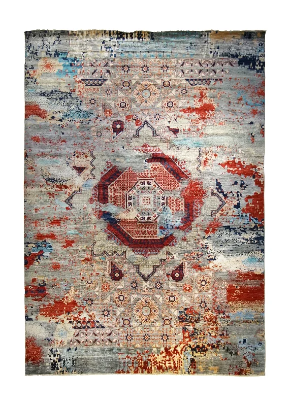 Oriental Rug Pakistani Handmade Area Transitional Tribal 9'9"x13'11" (10x14) Red Blue Mamluk Erased Design #A35063