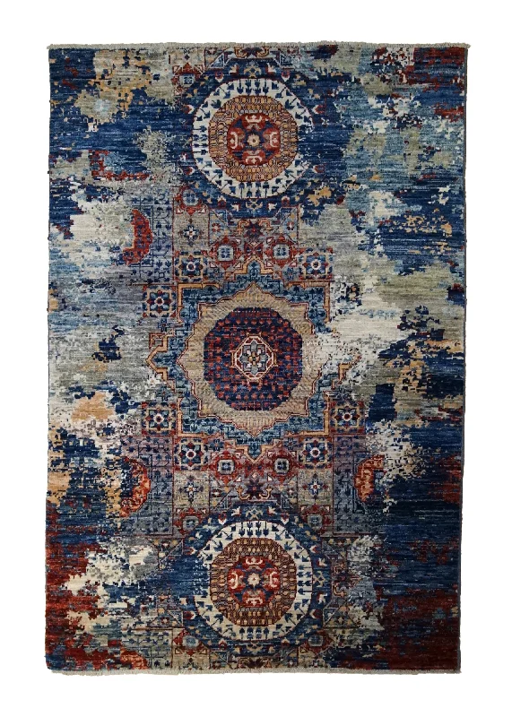 Oriental Rug Pakistani Handmade Area Transitional Tribal 3'11"x6'1" (4x6) Blue Mamluk Erased Design #A35053