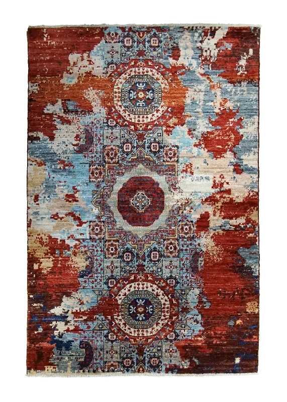 Oriental Rug Pakistani Handmade Area Transitional Tribal 4'0"x6'2" (4x6) Red Blue Mamluk Erased Design #A35052