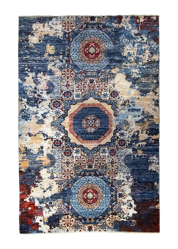 Oriental Rug Pakistani Handmade Area Transitional Tribal 5'9"x8'9" (6x9) Blue Mamluk Erased Design #A35060