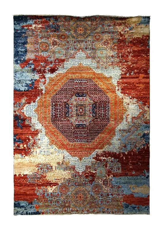 Oriental Rug Pakistani Handmade Area Transitional Tribal 5'10"x8'7" (6x9) Red Blue Mamluk Erased Design #A35055