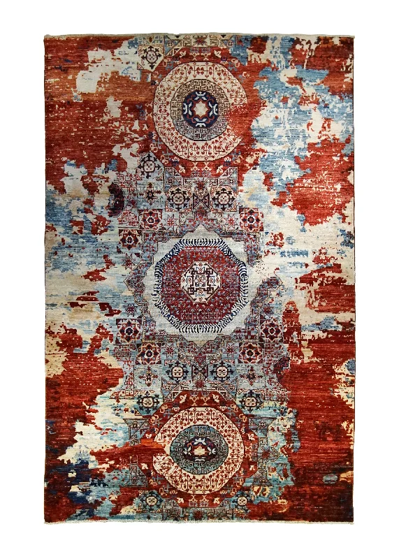 Oriental Rug Pakistani Handmade Area Transitional Tribal 5'10"x9'2" (6x9) Red Blue Mamluk Erased Design #A35056