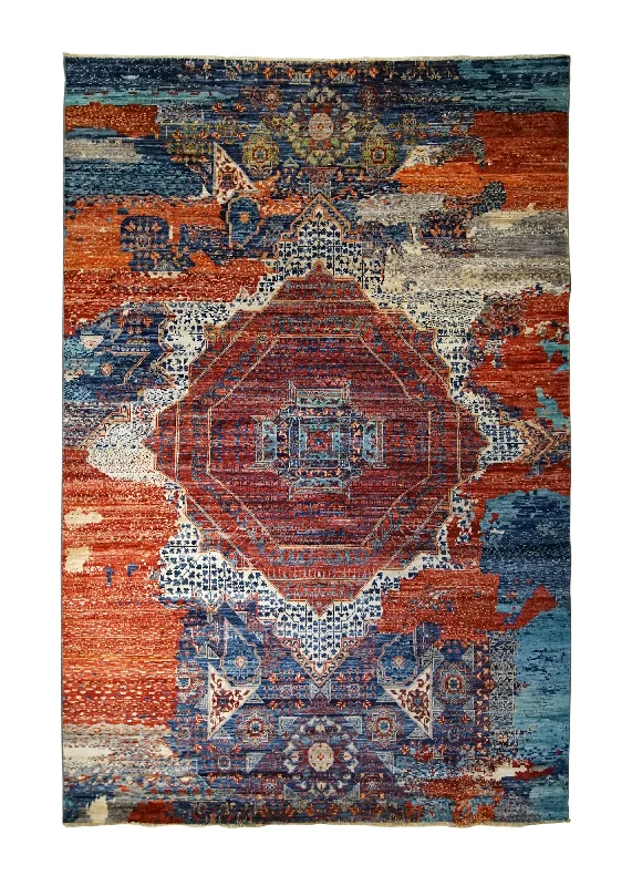 Oriental Rug Pakistani Handmade Area Transitional Tribal 5'11"x8'11" (6x9) Red Blue Mamluk Erased Design #A35059