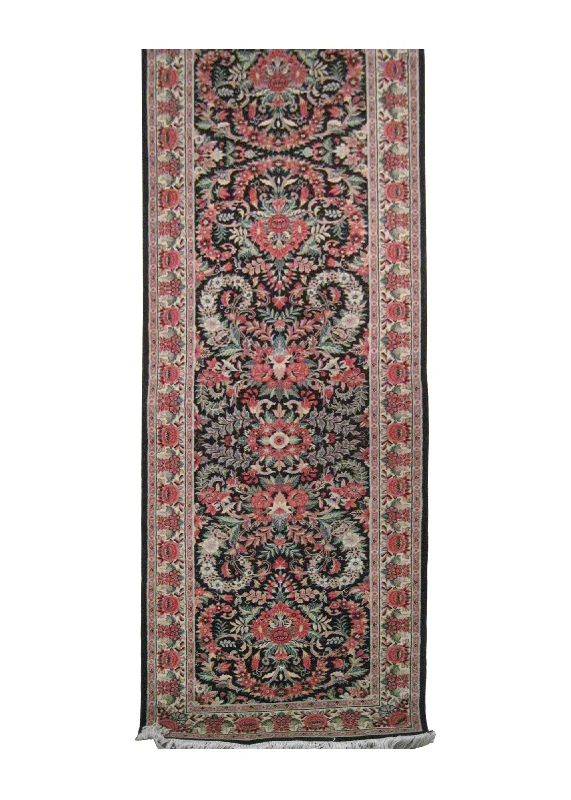 Oriental Rug Pakistani Handmade Runner Traditional 2'7"x12'5" (3x12) Black Red Floral Design #A10485