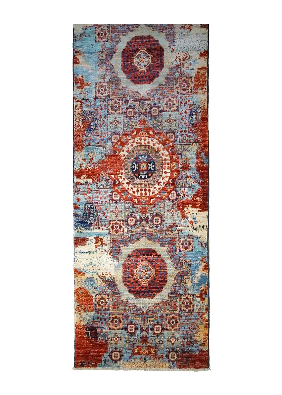 Oriental Rug Pakistani Handmade Runner Transitional Tribal 2'4"x23'1" (2x23) Red Blue Mamluk Erased Design #A35046