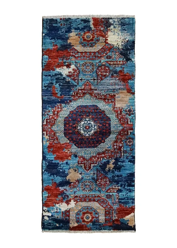 Oriental Rug Pakistani Handmade Runner Transitional Tribal 2'1"x4'9" (2x5) Blue Mamluk Erased Design #A35050