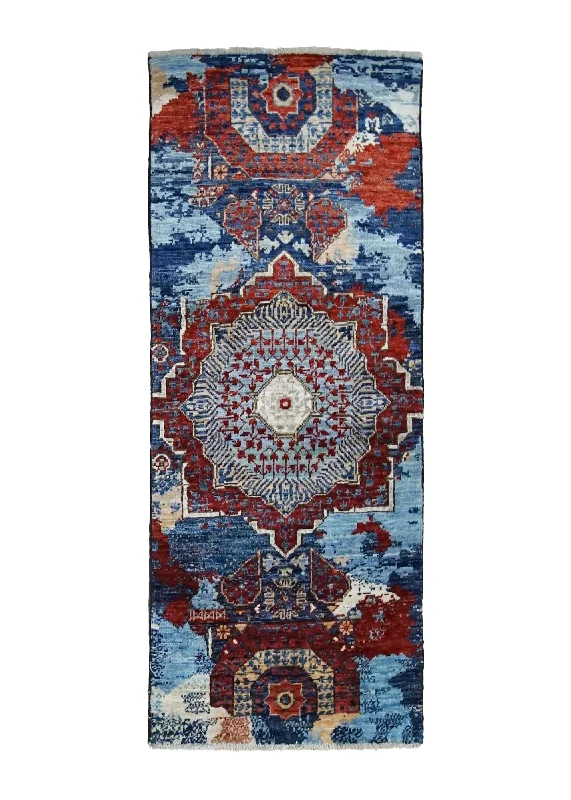 Oriental Rug Pakistani Handmade Runner Transitional Tribal 2'0"x5'0" (2x5) Red Blue Mamluk Erased Design #A35049