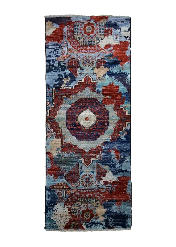 Oriental Rug Pakistani Handmade Runner Transitional Tribal 2'0"x4'10" (2x5) Red Blue Mamluk Erased Design #A35051