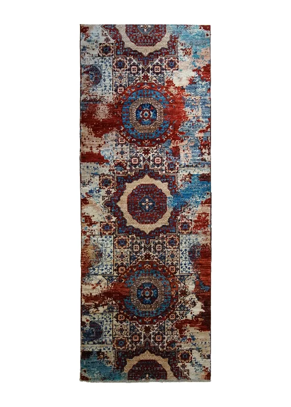 Oriental Rug Pakistani Handmade Runner Transitional Tribal 2'7"x24'4" (3x24) Red Blue Mamluk Erased Design #A35048