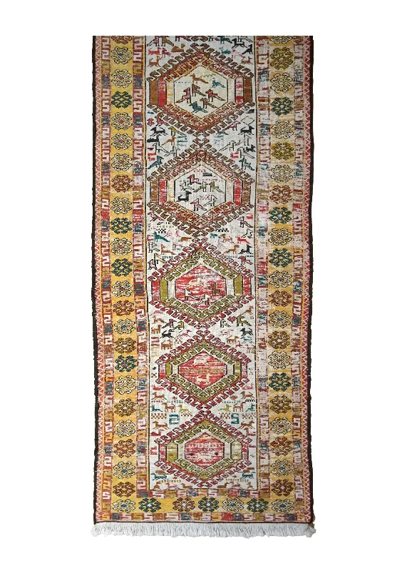 Persian Rug Azerbaijan Handmade Area Tribal Vintage 2'2"x9'2" (2x9) Yellow/Gold Whites/Beige Geometric Animals Kilim Design #A35098