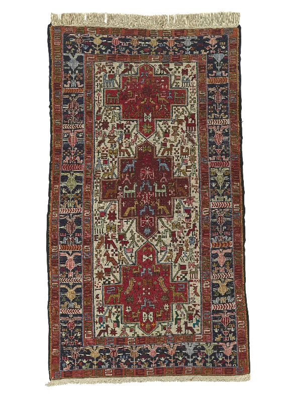 Persian Rug Azerbaijan Handmade Area Runner Tribal 3'9"x6'8" (4x7) Whites/Beige Red Geometric Animals Kilim Design #32355