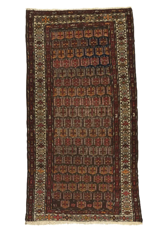 Persian Rug Kurdistan Handmade Area Runner Antique Tribal 3'8"x6'10" (4x7) Red Whites/Beige Geometric Design #34594