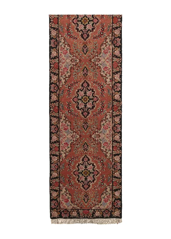 Persian Rug Tabriz Handmade Runner Traditional 2'10"x12'1" (3x12) Pink Black Naghsh Floral Design #32358