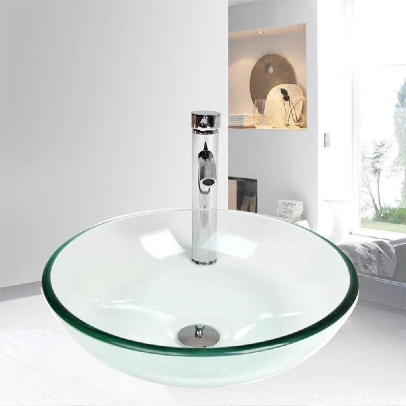 Bathroom Vessel Sink Countertop Basin Pop-up Drain Tempered Glass-A - 16" x 5"