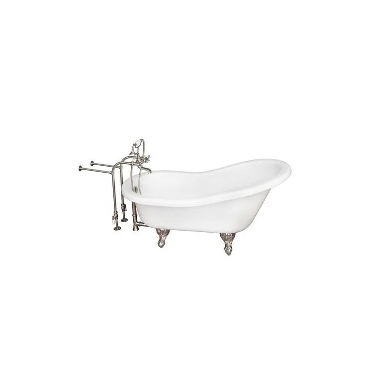 Tub Kit Imogene 67 Inch Acrylic White Kit Includes Brushed Nickel Tub Filler with Handshower 30 Inch Freestanding Tub Supplies and Tub Drain Ball and Claw Feet Elephant Spout Metal Cross Handles Ceramic Cartridges Cradle 60 Inch Hose 50 Gallon Capacity