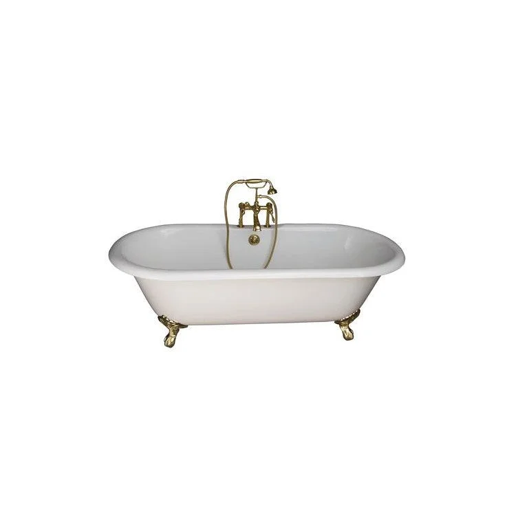 Tub Kit Duet Freestanding 67 Inch Cast Iron White Includes Polished Brass Tub Filler with Handshower 24 Inch Straight Bath Supplies & Tub Drain Imperial Feet Elephant Spout Finial Metal Cross Handles Cradle 60 Inch Hose 55 Gallon Capacity