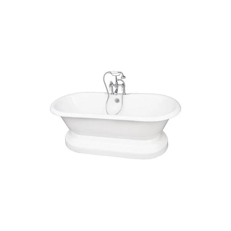 Tub Kit Duet 67 Inch Cast Iron White Kit Includes Polished Chrome Tub Filler with Handshower On Base 24 Inch Straight Bath Supplies and Tub Drain Elephant Spout Porcelain Lever Handles Ceramic Disc Cartridges Cradle 60 Inch Hose 55 Gallon Capacity