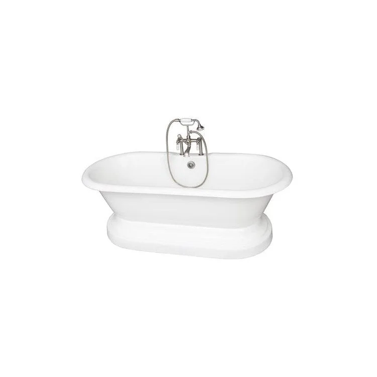 Tub Kit Duet 67 Inch Cast Iron White Kit Includes Brushed Nickel Tub Filler with Handshower On Base 24 Inch Straight Bath Supplies and Tub Drain Elephant Spout Porcelain Lever Handles Ceramic Disc Cartridges Cradle 60 Inch Hose 55 Gallon Capacity